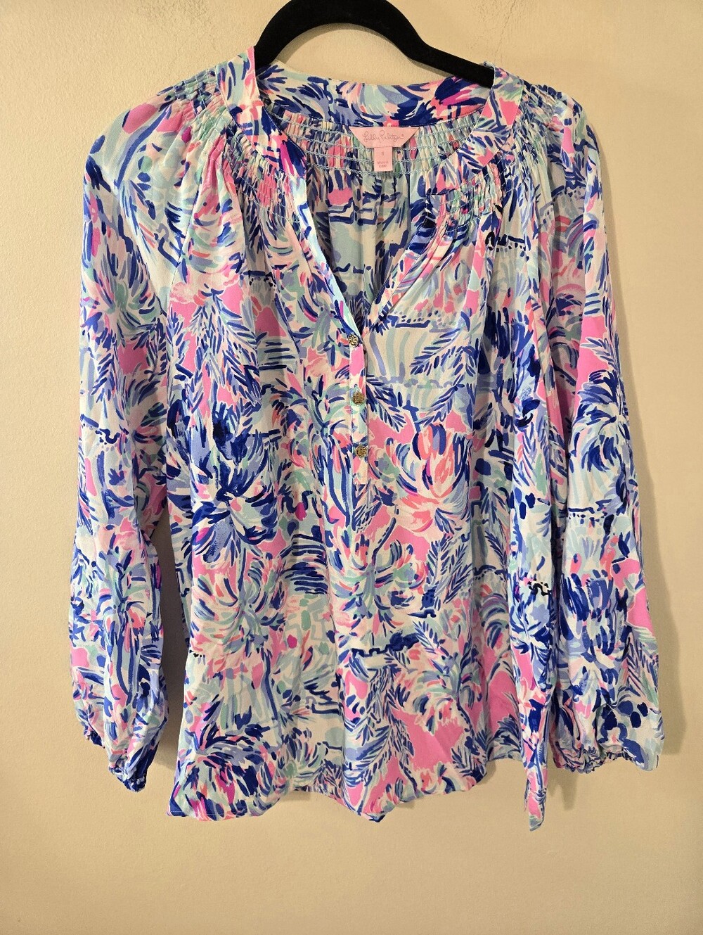 Lilly Pulitzer Elsa Silk Top Small Pink Blue Floral 100% Silk Blouse